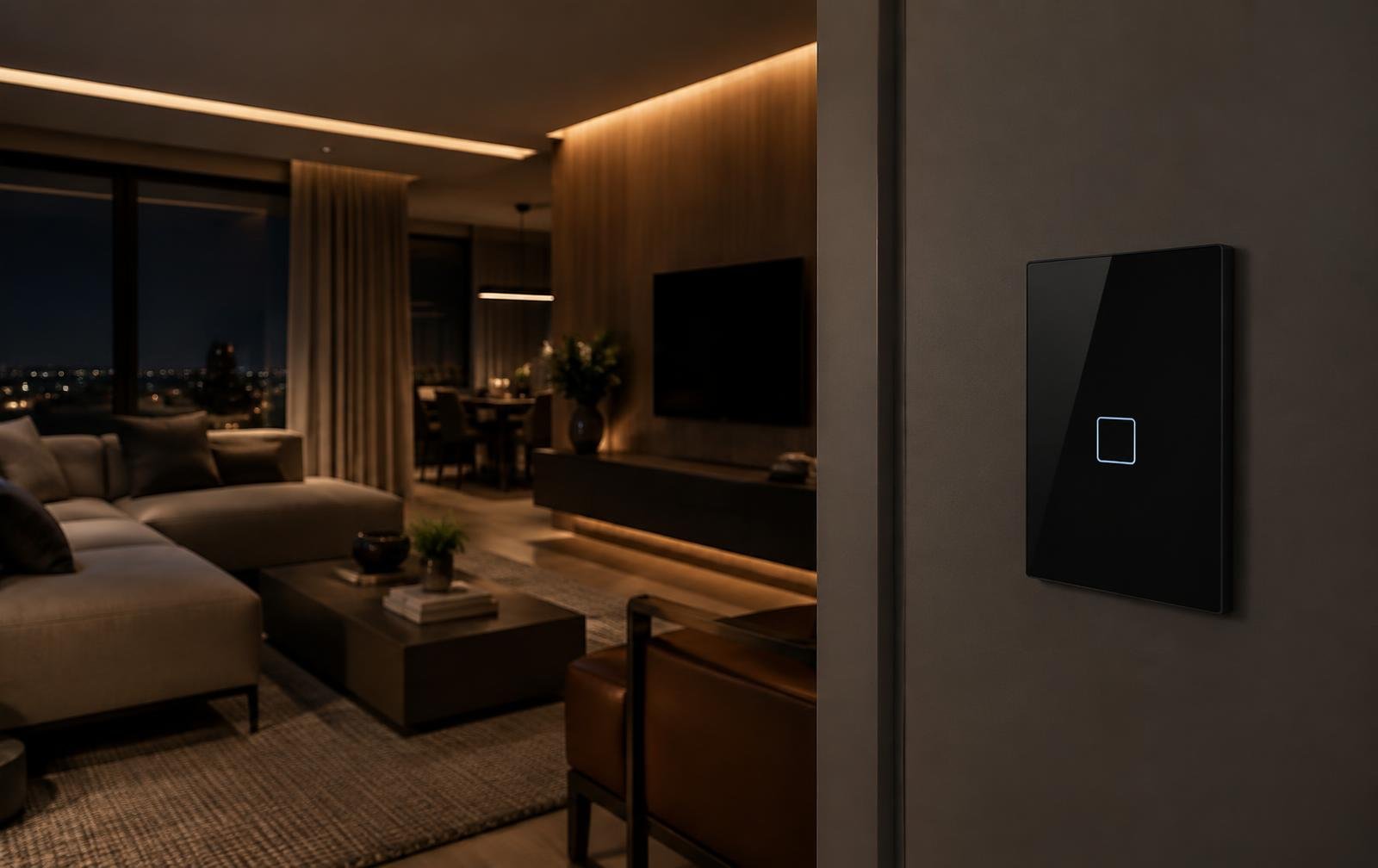 Sala moderna com interruptor touch — automação residencial em Campinas